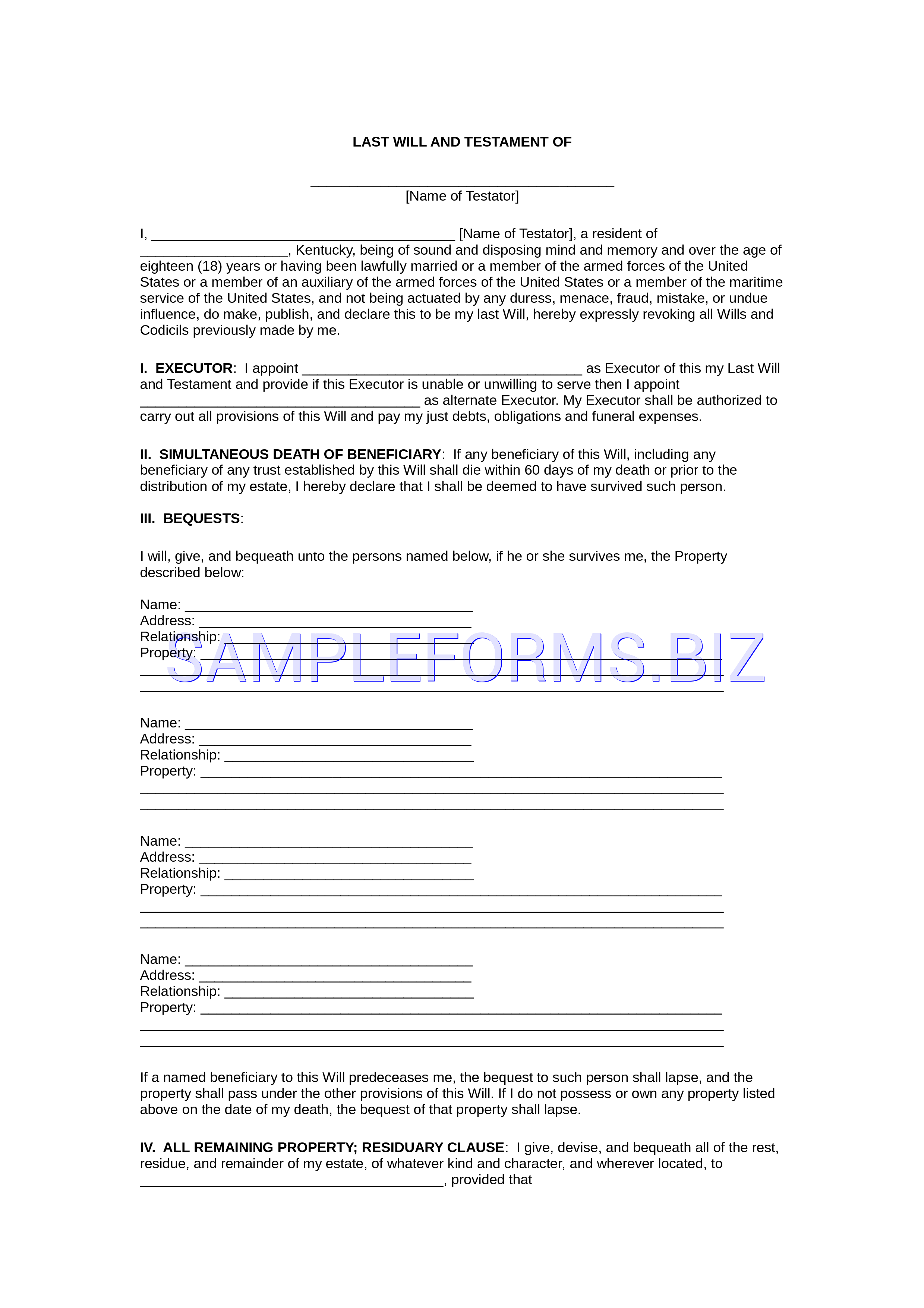 Preview free downloadable Kentucky Last Will and Testament Form in PDF (page 1)
